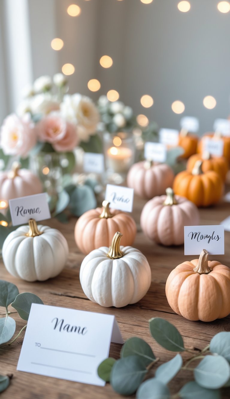 A table with small decorative mini pumpkins holding name cards, surrounded by flowers and leaves.